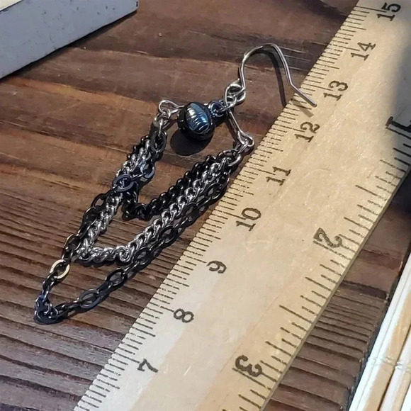 Silver Gunmetal Grey Handcrafted Triple Chain Crystal Dangle Earrings - Picture 8 of 8